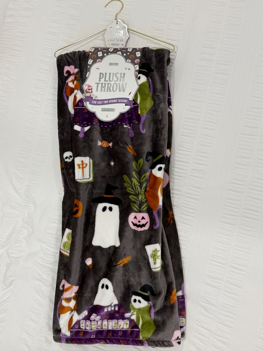 Large Plush Throw Halloween Blanket - Grey Mahjong playing Ghosts & Pumpkins